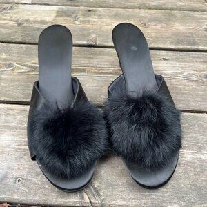Vintage Real Fur Boudoir Heels Black Satin Slip-On Slippers Classic Glam